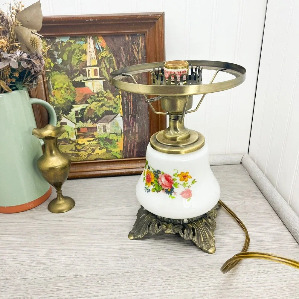 Vintage Floral Porcelain Table Lamp - Brass Base - Milk Glass Globe‎